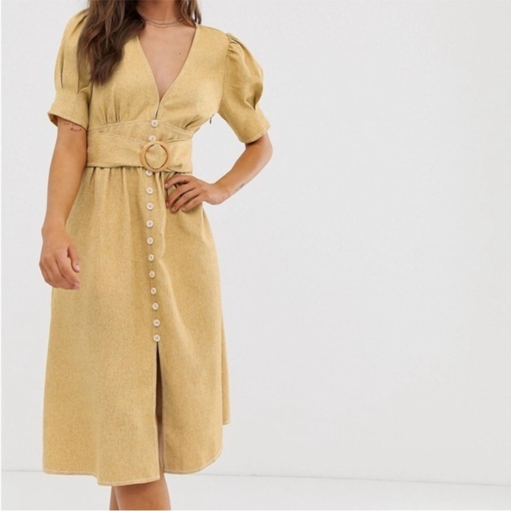 Moon River Yellow Puff Sleeve Midi Dress with Belt